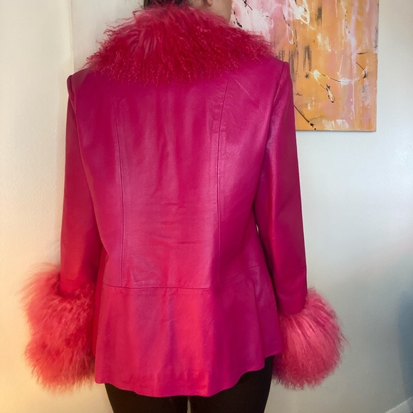 Genuine leather pink mongolian fur trim jacket - Picture 5 of 8